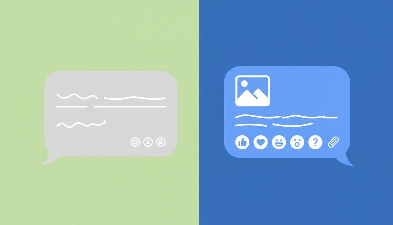 Modern illustration comparing a plain SMS text bubble and a rich RCS media bubble on a split Android screen using green and blue colors.