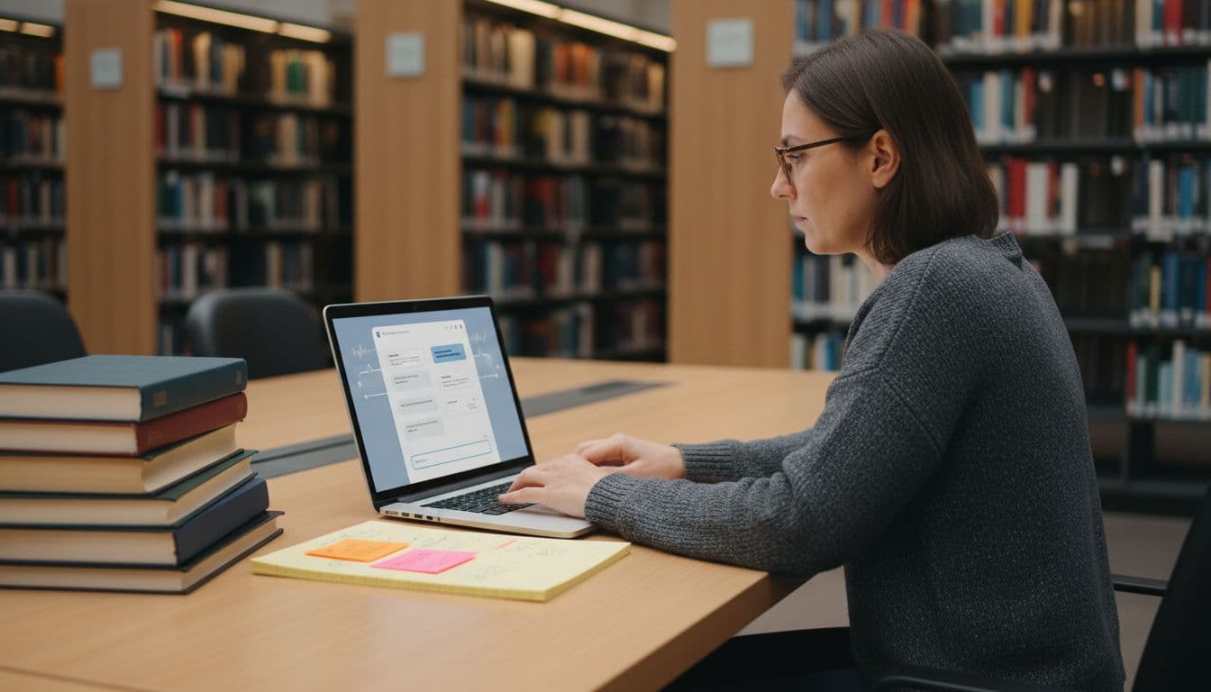 Academic expert at a contemporary library desk with laptop displaying AI PDF chat interface, surrounded by scholarly books and notes, typing a query in soft library lighting.