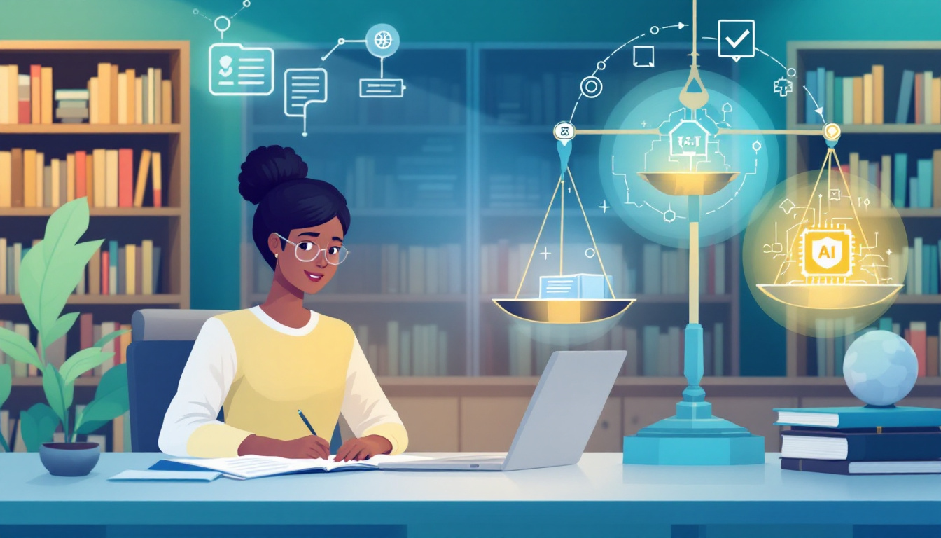 Infographic displaying a thoughtful student between a book and an AI chip on a balanced scale, symbolizing academic integrity and the integration of AI. Background features abstract icons representing transparency and accountability. Image created with AI.