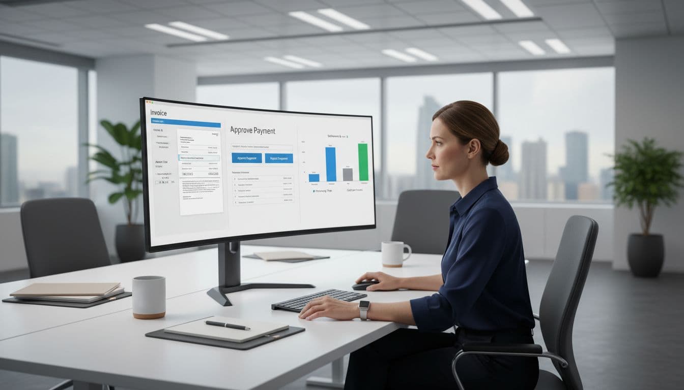 Professional bookkeeping scene featuring one accountant at an organized desk in a clean corporate environment, capturing invoices, approving payments, and viewing financial software comparisons on a computer screen under natural overhead lighting.
