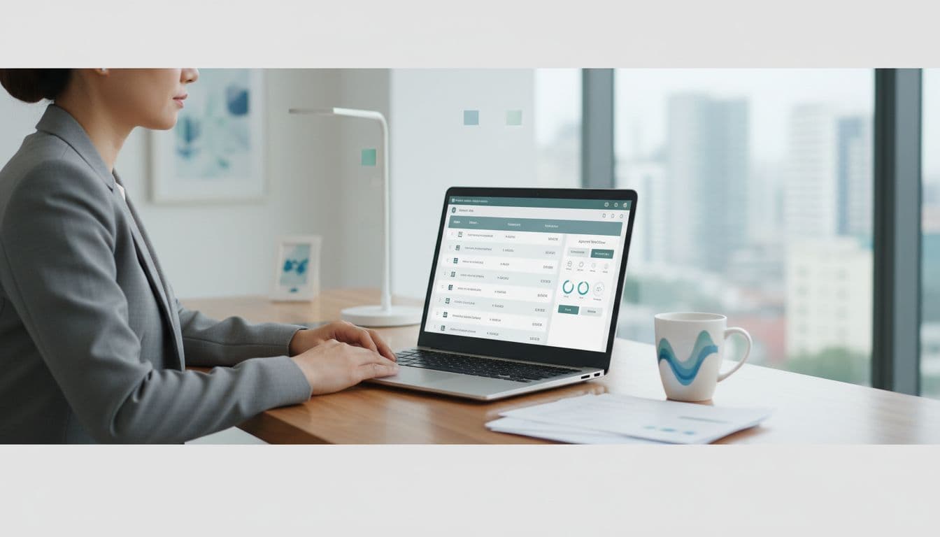 Photo-realistic 16:9 image of an accountant seated in a clean modern office, reviewing digitized bills from an AI bill capture and approval workflow on a laptop screen angled naturally. Desk includes a few paper bills and coffee mug, with subtle blue/green finance accents and professional lighting.