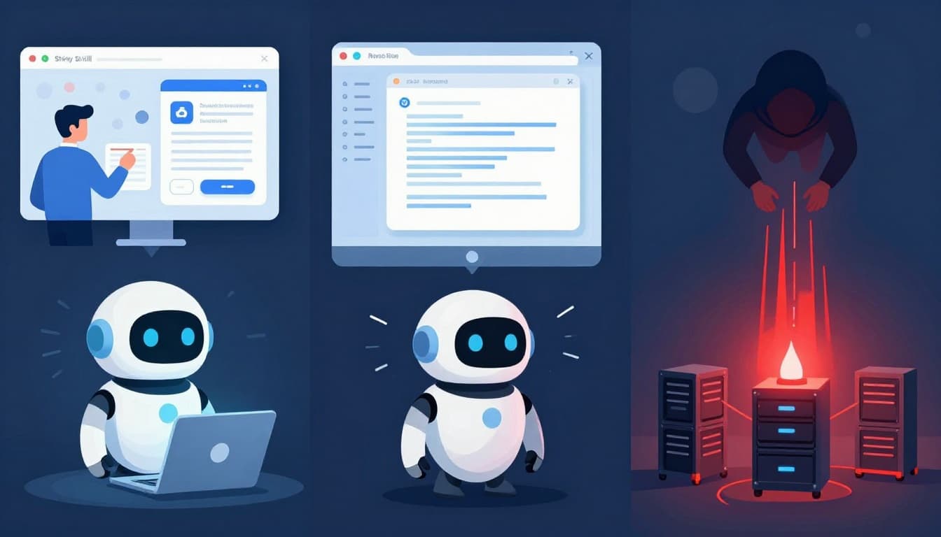 Landscape illustration in sequential panels depicting a step-by-step AI agent breach, from installing a malicious productivity skill to data leakage and corporate network attack.
