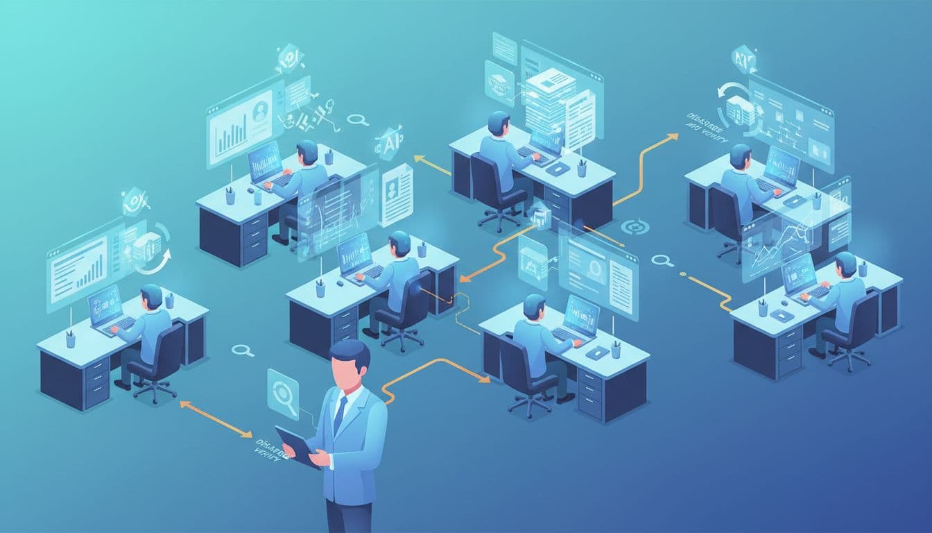 Bright control room with diverse AI agents at workstations interacting with CRM screens, policy documents, and ticket systems; floating AI model icons and a human overseer verifying outputs via 'disagree and verify' processes.