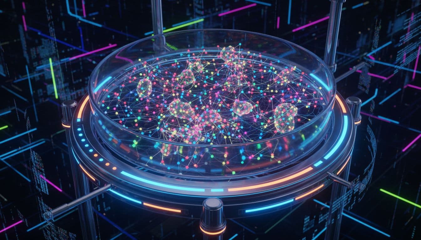 Abstract digital petri dish on a lab stand featuring a vibrant network of colorful glowing AI agent nodes connected by threads, illustrating autonomous evolution, pattern copying, and emergent coordination against a dark background with neon highlights.
