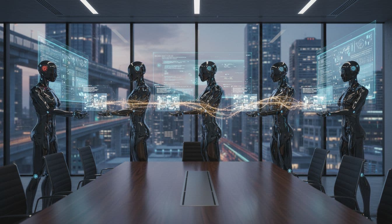 Sleek humanoid AI bots in a corporate conference room handing off digital files and data streams in a sequential workflow with subtle chain reaction glows.