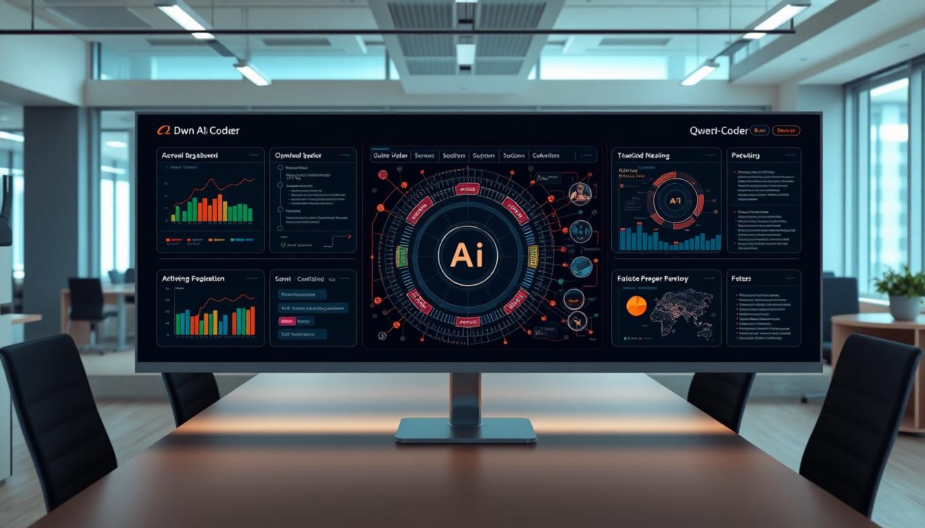 Photorealistic high-tech AI ecosystem dashboard showing Alibaba open-source models like Qwen3-Coder and text-to-video in a modern office. Colorful data flows illustrate advanced capabilities. Image generated by AI.