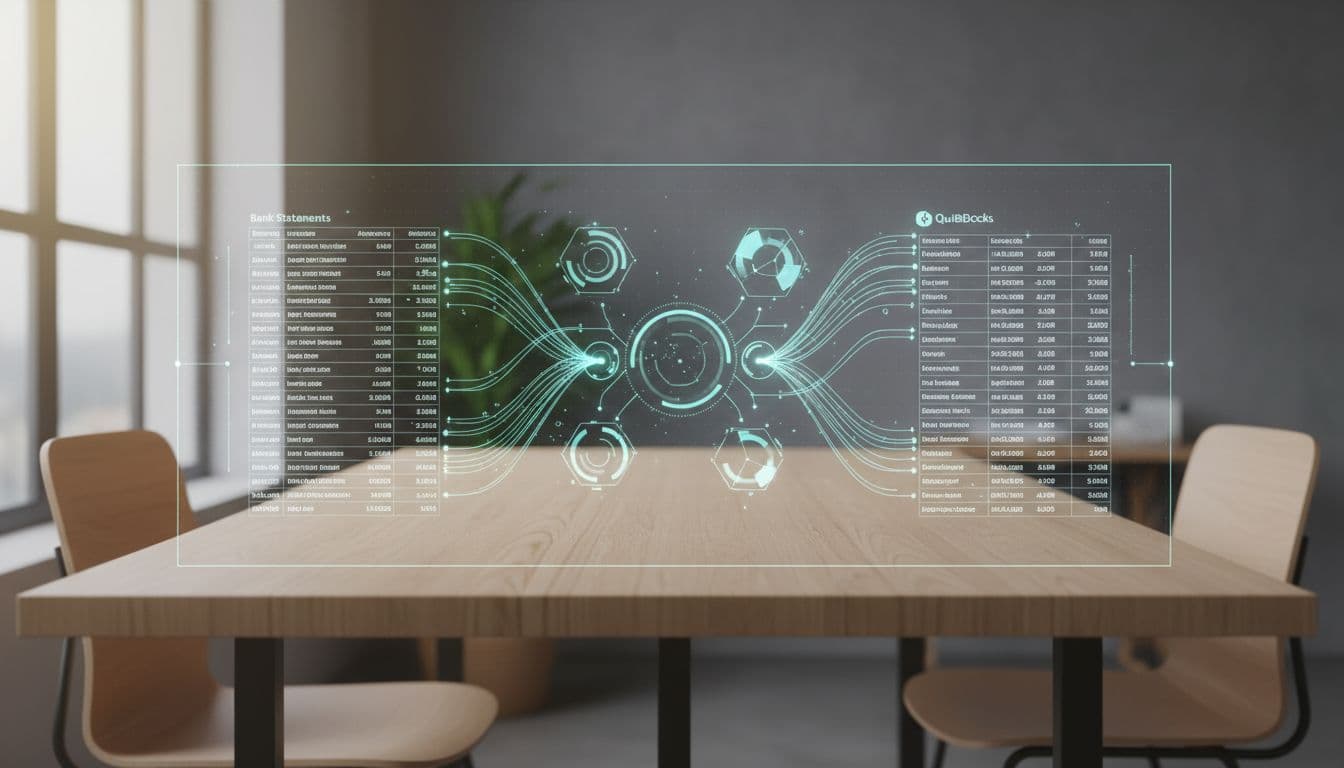 Modern workspace desk with subtle digital overlays visualizing bank statements and QuickBooks entries aligning automatically in an AI reconciliation process, graphs connecting data points under soft office lighting.