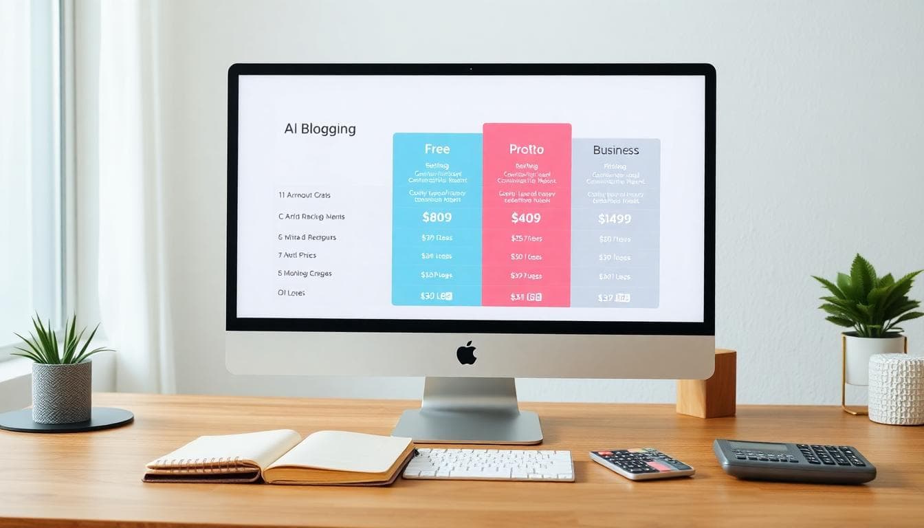 Photorealistic image of a computer screen showing a clean pricing comparison chart with tiers labeled Free, Pro, and Business in a home office setting. Notebook and calculator on desk. Image created with AI.