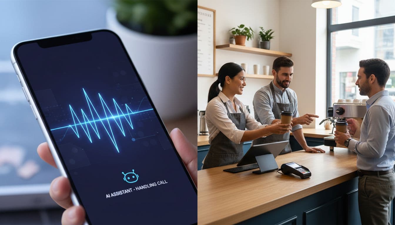 Split-scene photo-realistic image: left half smartphone screen with AI-managed incoming call waveform, right half two-person team serving customers in modern coffee shop.