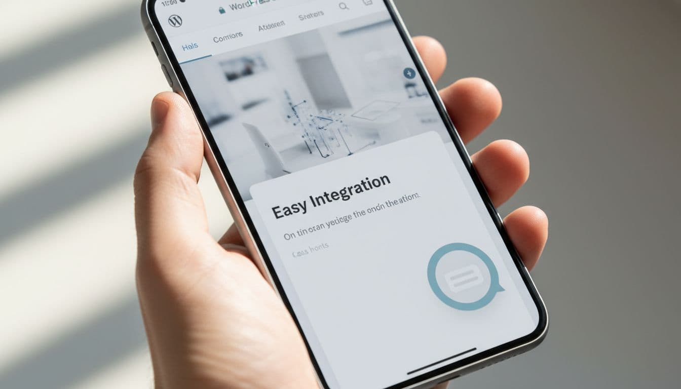 Photo-realistic close-up of a modern customer support AI chat widget embedded on a sleek WordPress website homepage, viewed on a held mobile phone with clean professional design and natural lighting.