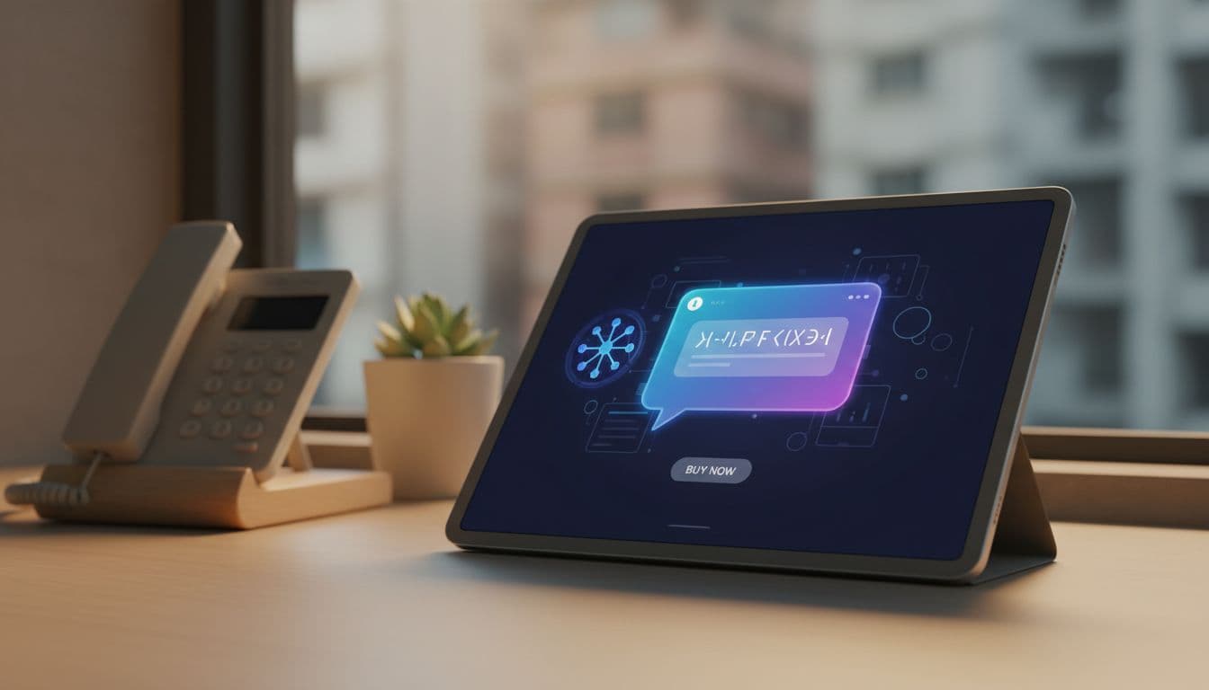 Photo-realistic scene in a modern small business office featuring an AI chat interface on a tablet displaying product recommendations to convert website visitors, with a nearby phone on the desk under warm ambient lighting.