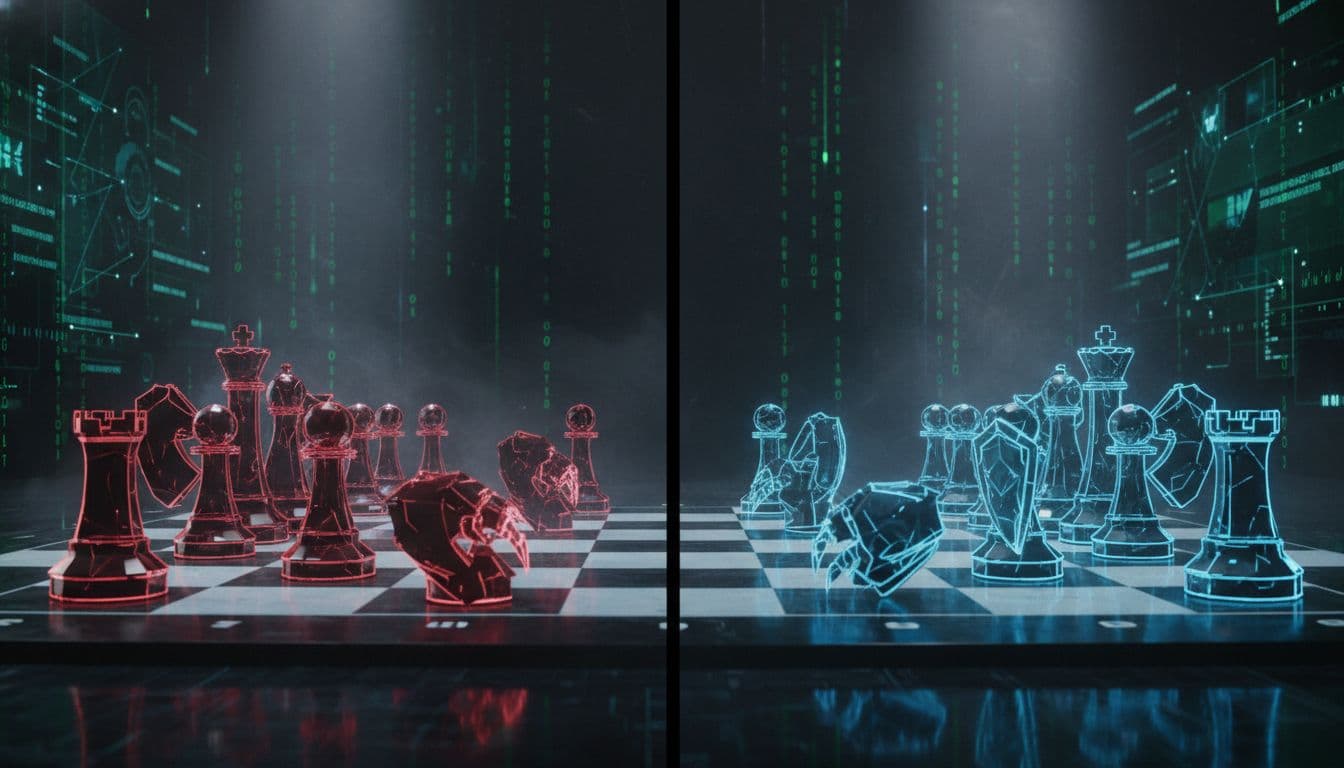 Two AI systems locked in a cyber chess battle on a digital board, split-screen red vs blue, symbolizing attackers and defenders in AI vs AI