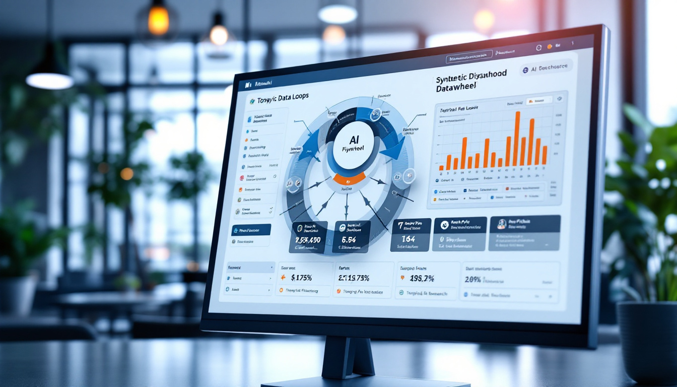 Photorealistic image of a high-tech AI dashboard on a computer screen showing a data flywheel diagram with synthetic data loops. Foreground shows a clean, modern interface with arrows connecting data sources; subtle icons suggest Amap for travel planning and Tongyi FaRui for legal research. Bright, professional office setting in the background with natural light. The image conveys innovation, accessibility, and real-world AI integration. Image generated by AI.