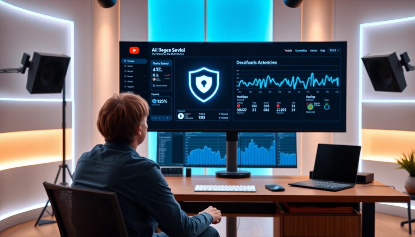 A photorealistic AI dashboard showcasing deepfake protection tools on a large monitor, with a content creator reviewing analytics in a modern studio. Image created with AI.