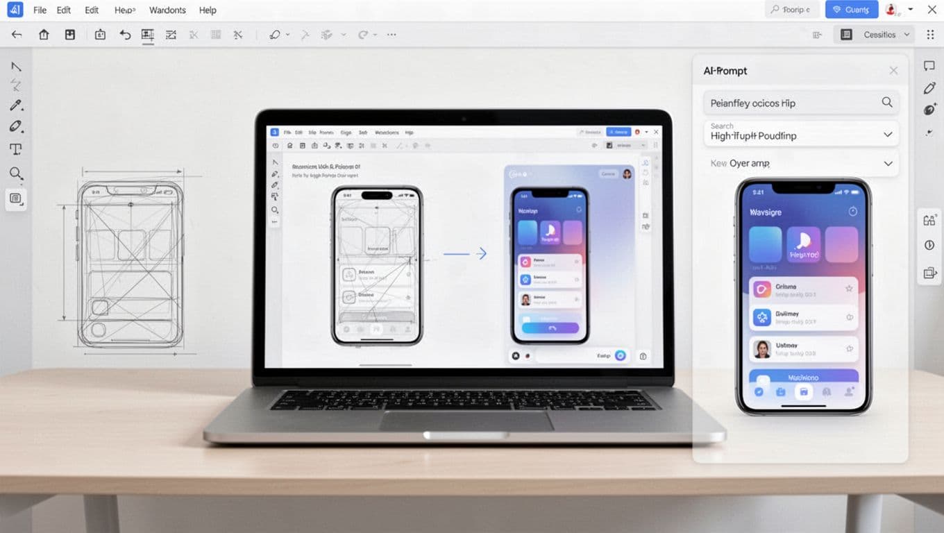 A generic design-tool canvas on a light desk features an AI prompt panel generating a mobile app screen transitioning from wireframe to high-fidelity UI. Crisp SaaS editorial style with flat colors, subtle gradients, high contrast, and light background, showing exactly one laptop screen.