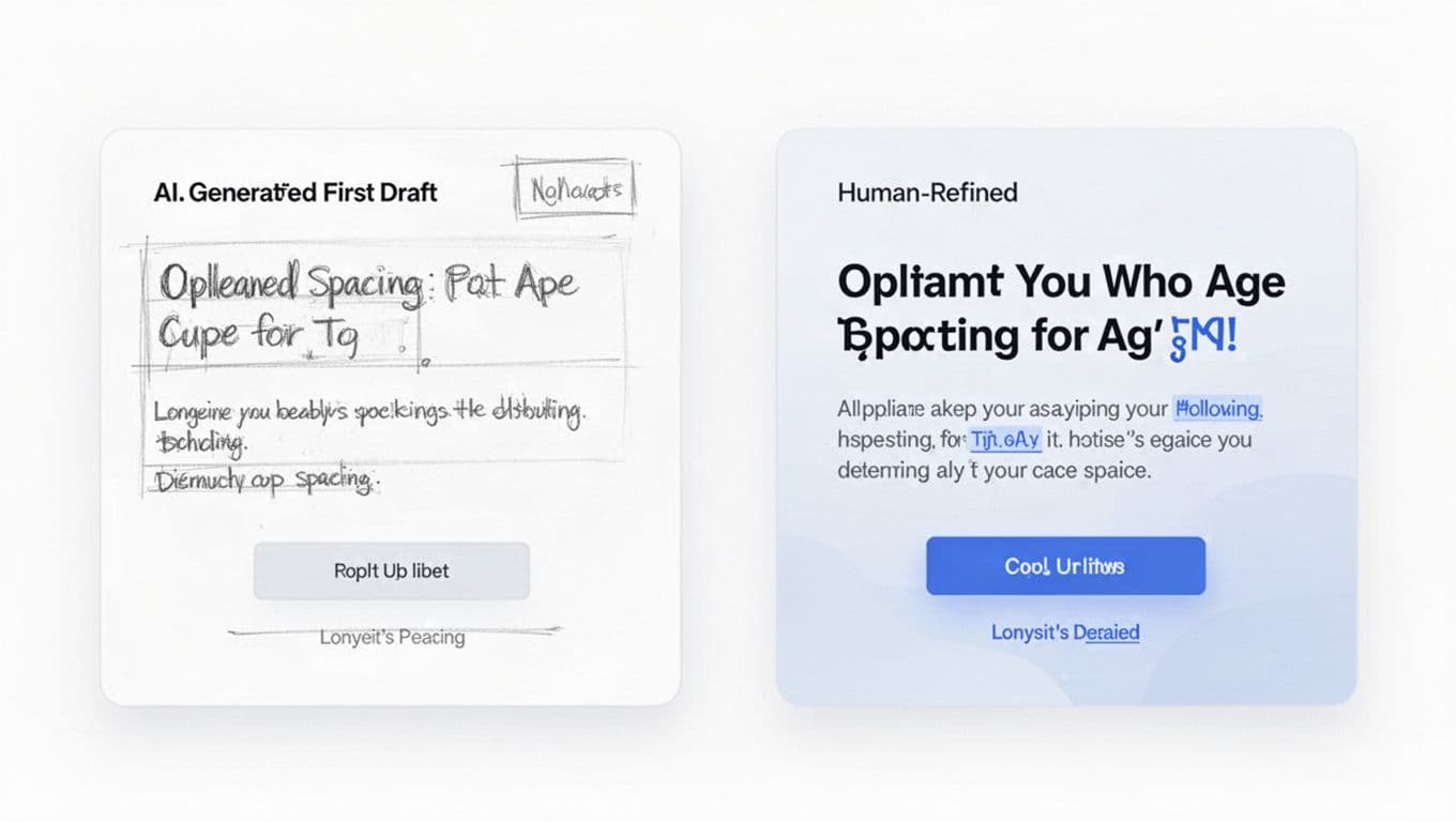 Side-by-side layout comparing a basic AI-generated UI draft on the left with a human-refined version on the right, showcasing improved typography, spacing, and CTA in crisp SaaS editorial style with flat colors and subtle gradients.