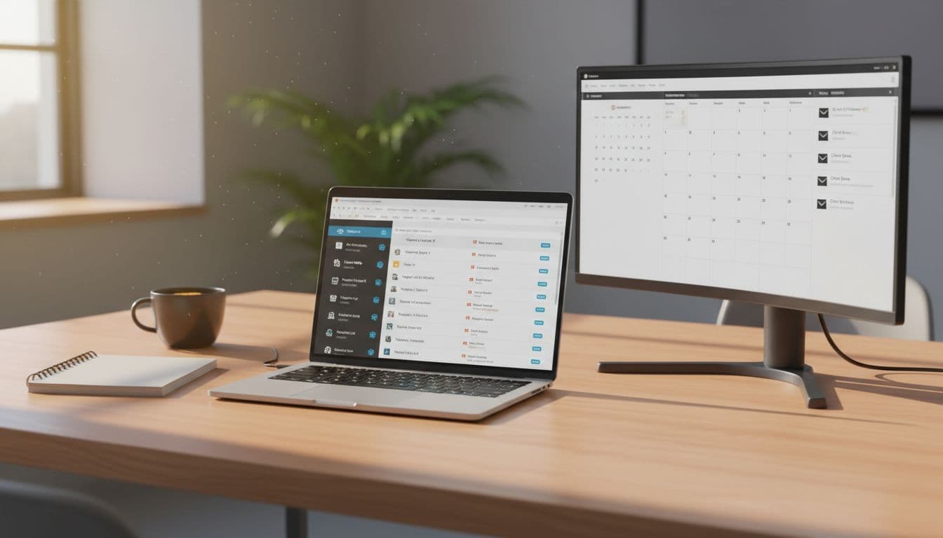 Modern professional workstation on wooden desk with laptop showing organized Outlook inbox with AI-sorted folders and priorities, secondary monitor displaying integrated calendar with email-flagged events, notebook and coffee mug nearby in subtle productivity atmosphere.