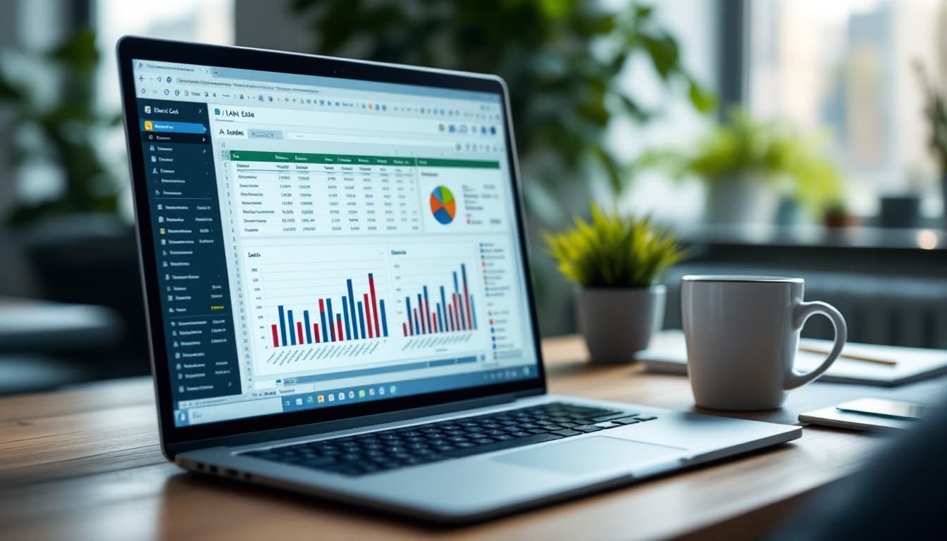 Laptop running Excel with AI-generated charts and an assistant panel on a modern desk, natural daylight, coffee mug nearby. Image created with AI
