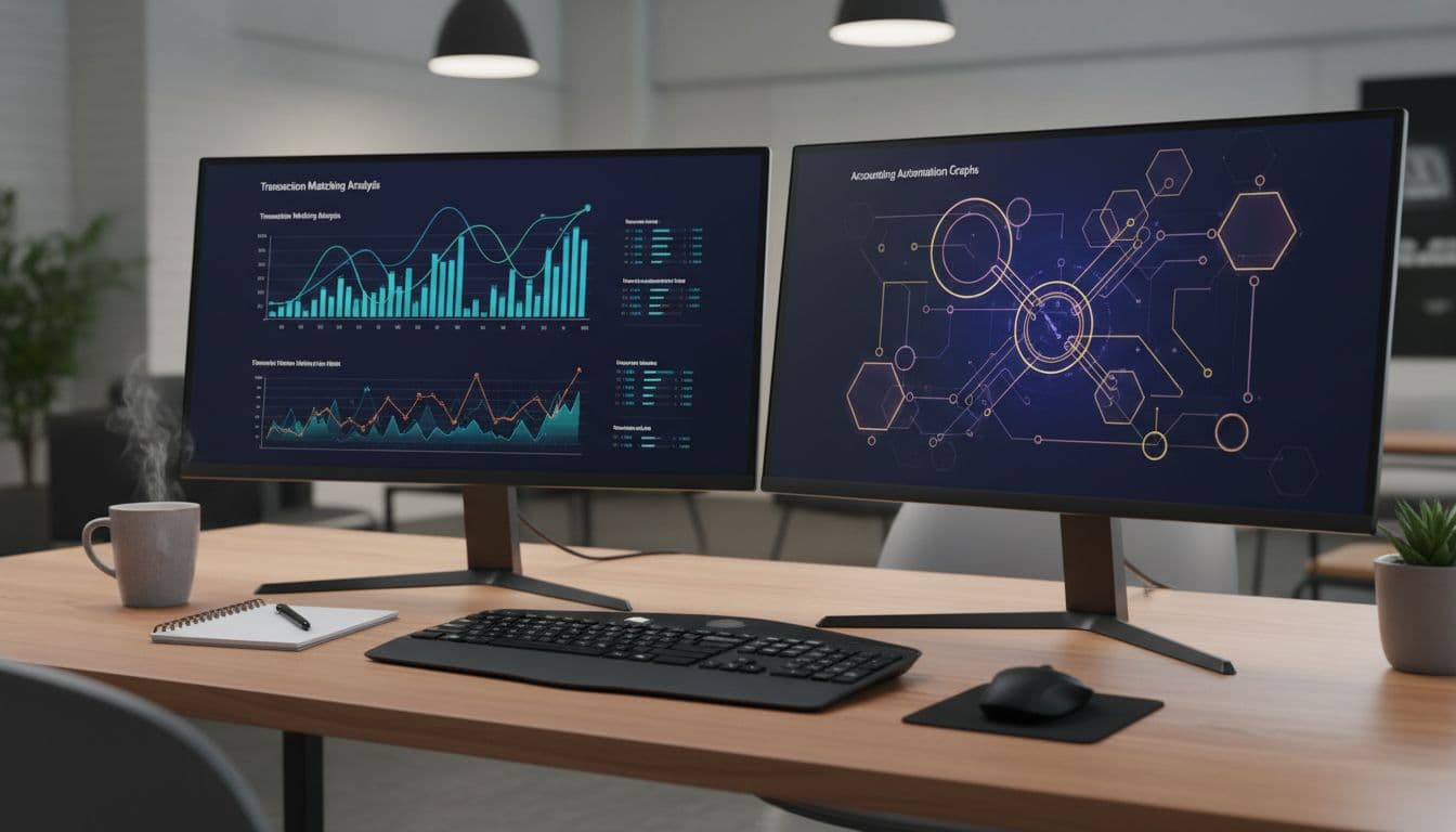 Close-up of financial reconciliation workflow on dual computer screens displaying transaction matching charts and accounting automation graphs in a realistic professional desk setup with coffee mug and notepad.