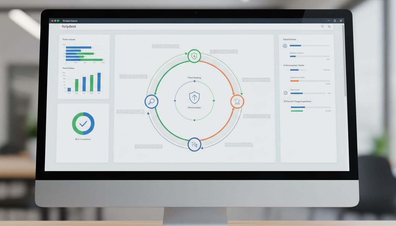 Close-up dashboard scene showing ticket routing, prioritization, and escalation workflows in a realistic SaaS interface on a computer screen.