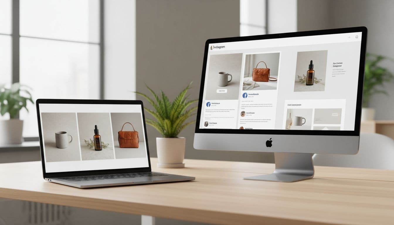 Photo-realistic side-by-side view on a modern office desk showing AI-generated product photos, social media ad mockups, and email campaign assets on two laptops, natural lighting, no people or text.