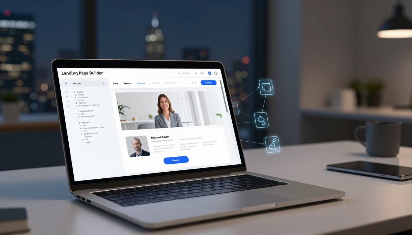 Modern office desk at night with laptop displaying AI agent Manus autonomously building a professional landing page in a split-view workflow interface.