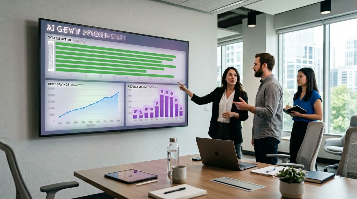 Photo-realistic landscape of a large monitor in a modern conference room showing an AI gateway metrics dashboard with green uptime bars, blue cost savings trends, purple request spikes, and security shields. Blurred background features exactly three SaaS team members discussing and pointing at the screen, with conference table details.