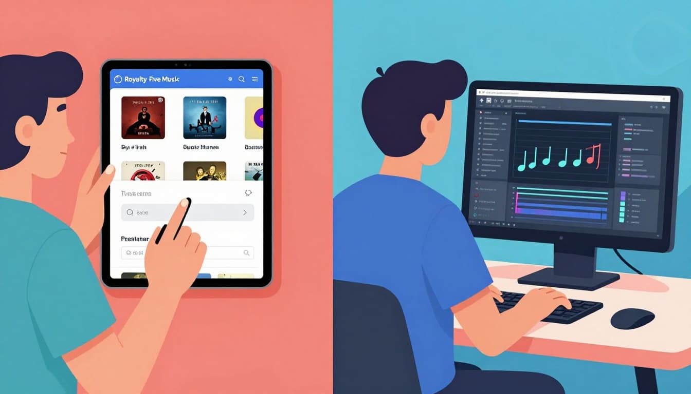 Split-scene illustration of a person browsing royalty-free music on a tablet (left) and generating custom AI music on a computer (right), modern flat design, vibrant colors, professional workspace.
