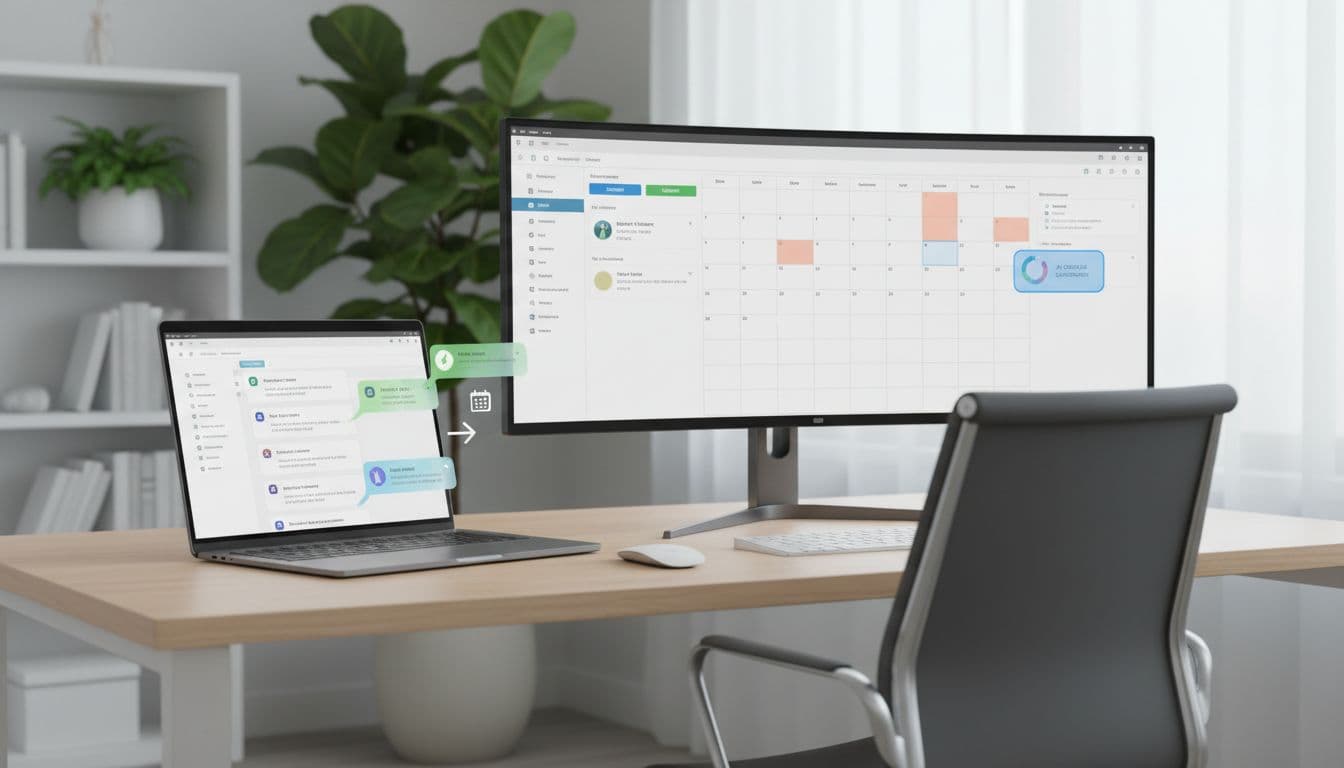 Split-screen on modern workstation desk: left shows Outlook inbox with AI-highlighted triage priorities and summaries, right displays calendar app with synced email scheduling suggestions. Photo-realistic setup with laptop, external monitor, clean office background, plants, bright natural lighting, high interface detail, no people, text, or logos.