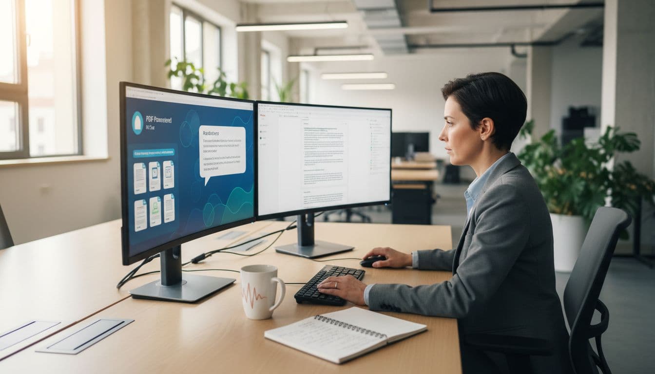 A business professional in an open-plan office uses dual large monitors, one displaying an AI PDF chat dashboard with analyzed documents, keyboard and mouse in use, coffee mug and notepad on desk under natural daylight.