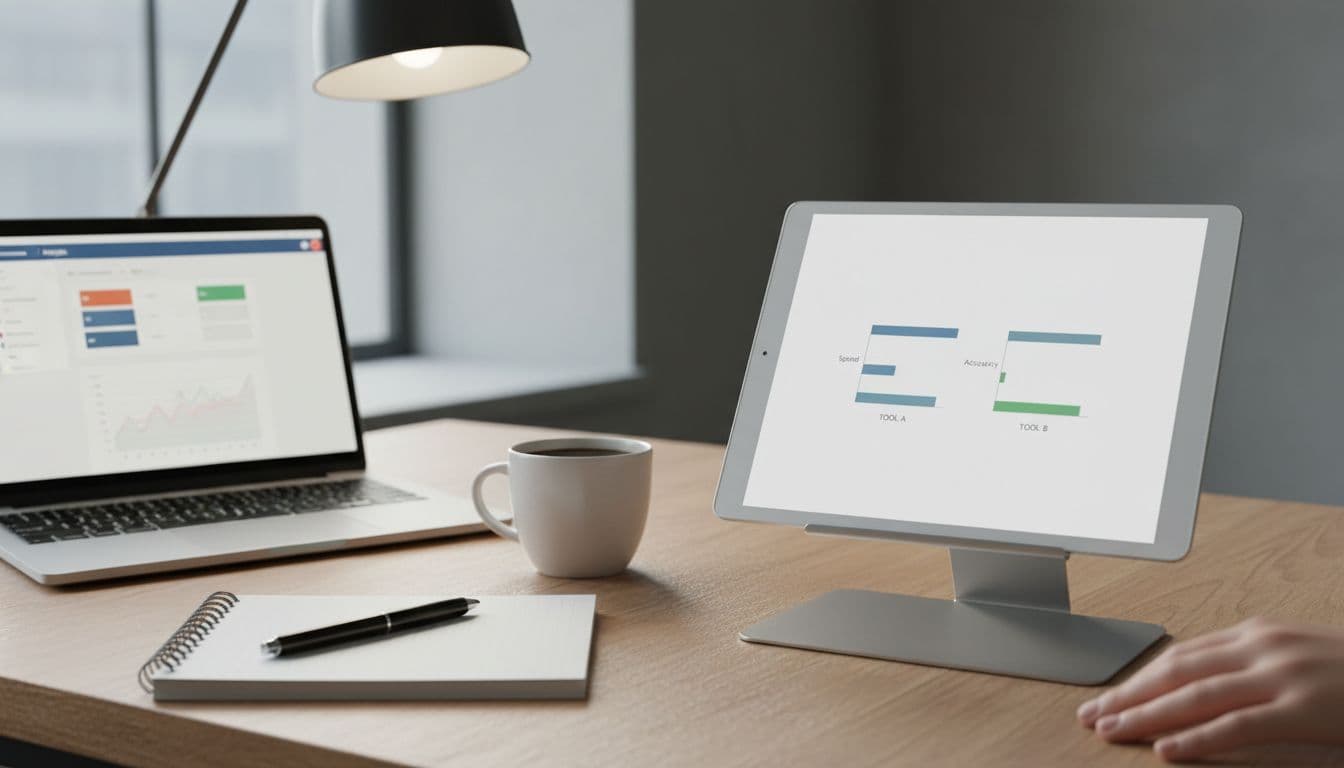 Photo-realistic contemporary US office desk with tablet on stand showing simple AI tools comparison chart, open laptop with PDF analysis dashboard, notebook, pen, coffee mug, soft lighting, and one hand on tablet edge for a clean tech feel.