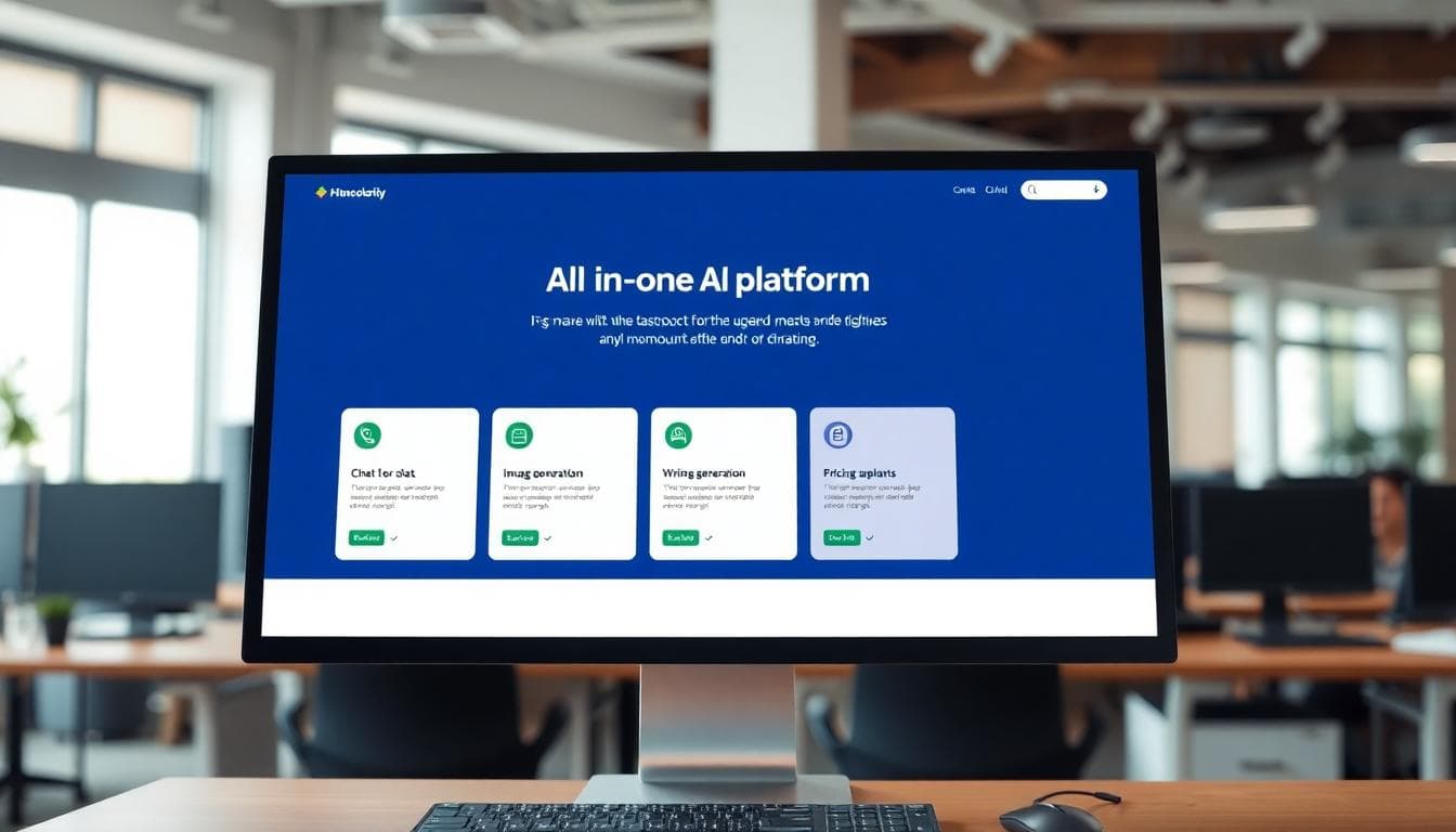 Photorealistic image of a computer screen displaying an all-in-one AI platform interface with sections for chat, writing, image generation, and pricing plans visible. Clean modern design, on a desk with keyboard and mouse. Background office blur. Image created with AI.