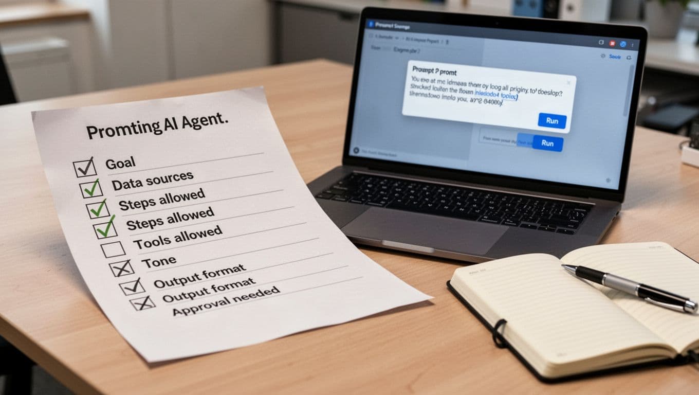 Photorealistic close-up of a professional desk with a printed checklist for prompting an AI agent, listing Goal, Data sources, Steps allowed, Tools allowed, Tone, Output format, and Approval needed. Nearby laptop screen shows a prompt input box with example text and Run button, soft office lighting, open notebook with pen, no people visible.