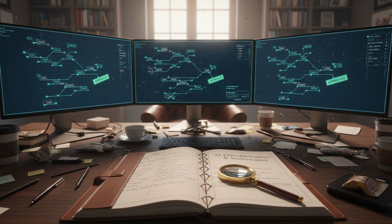 A cluttered executive desk displays a detailed checklist notebook open to AI documentation pages listing models, tools, data sources, and logs, surrounded by computer screens with version histories and approval stamps, featuring a magnifying glass over the word 'provenance' in a warmly lit professional office.