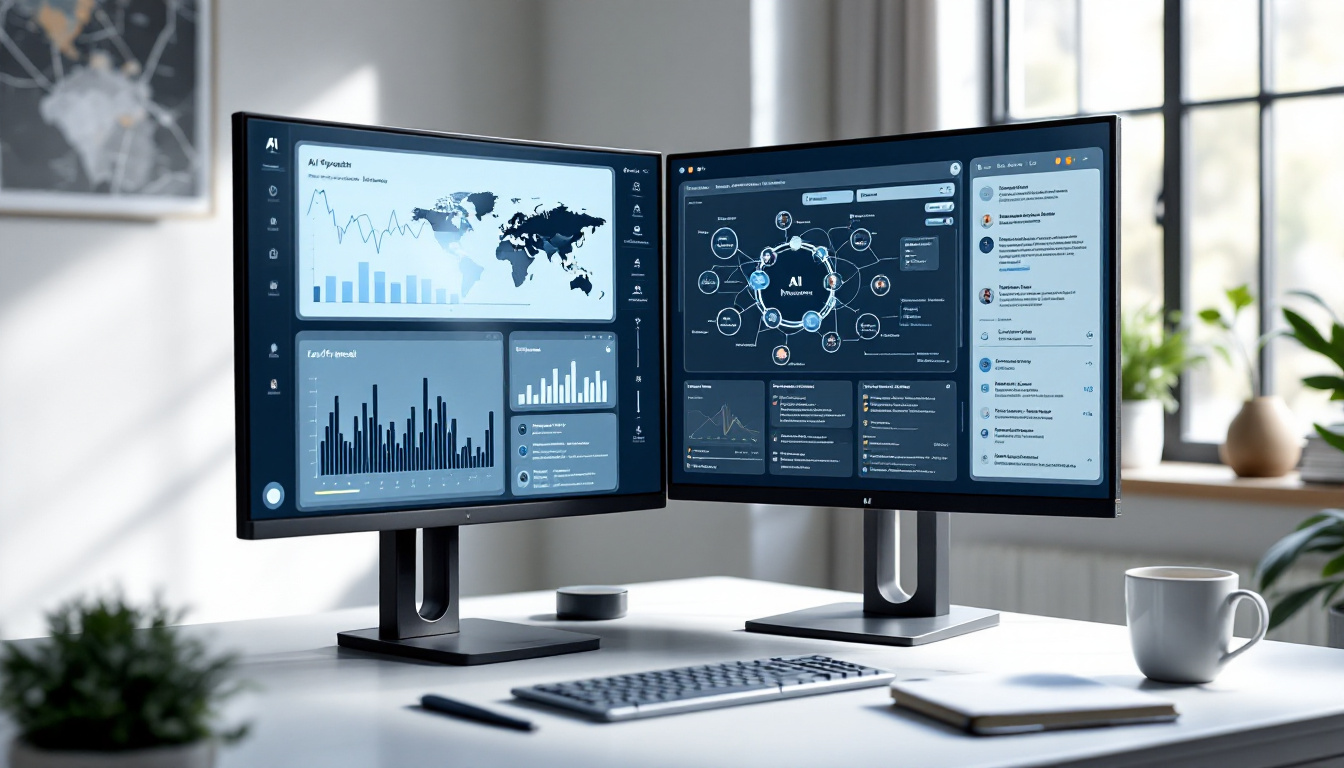 Photorealistic image of a sleek AI research dashboard on a dual-monitor setup in a modern office. The left screen shows abstract graphs and a data flywheel diagram with interconnected nodes; the right screen displays a task workflow and research notes in a clean UI. The desk includes a notebook and a coffee mug. Natural daylight streams through a window, and subtle icons in the background nod to mapping and legal research tasks. The mood is focused, forward-looking, and professional. Image created with AI.