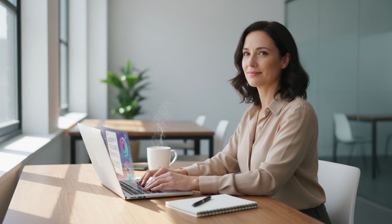 Photo-realistic image of a diverse mid-30s recruiter in a modern small US office, seated at a desk with laptop showing blurred AI resume screening dashboard, coffee mug and notepad nearby, natural window light creating a clean data-driven mood.