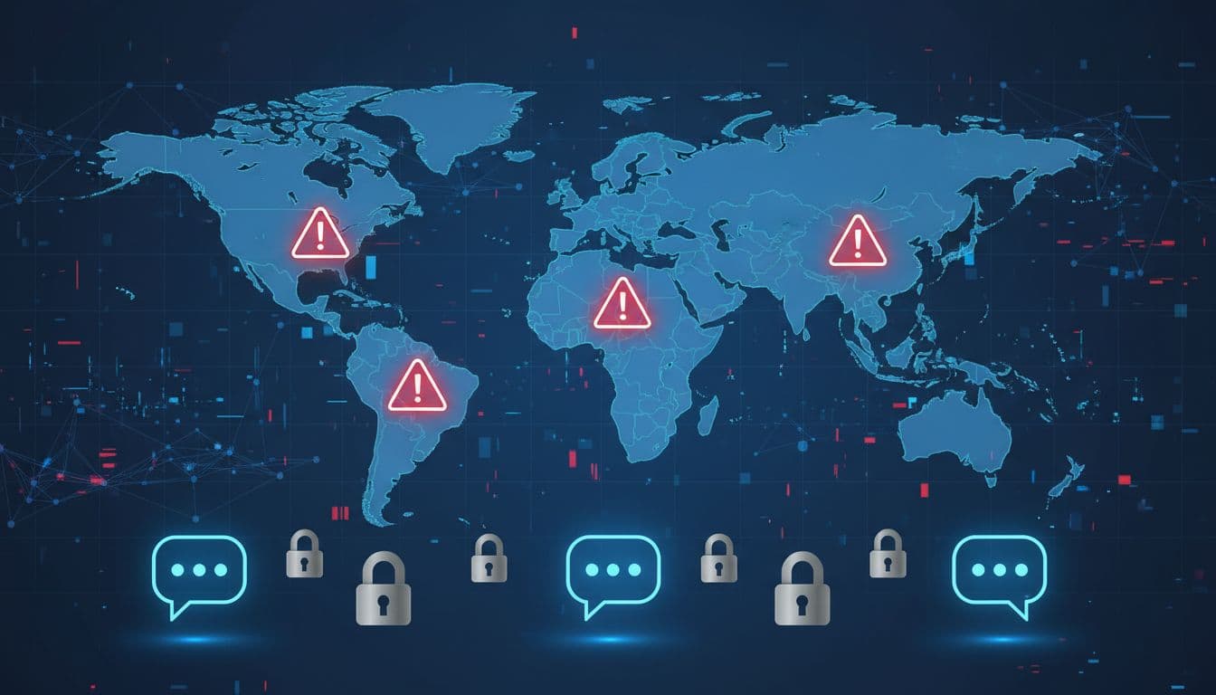 Detailed world map in landscape orientation highlighting Southeast Asia and Europe with red warning icons over Indonesia, Malaysia, and Italy, featuring AI chatbot icons, padlocks, and glitch effects on a digital network background.