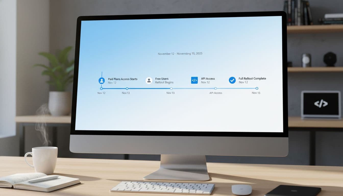 Timeline of ChatGPT 5.1 rollout dates on a computer in a bright office