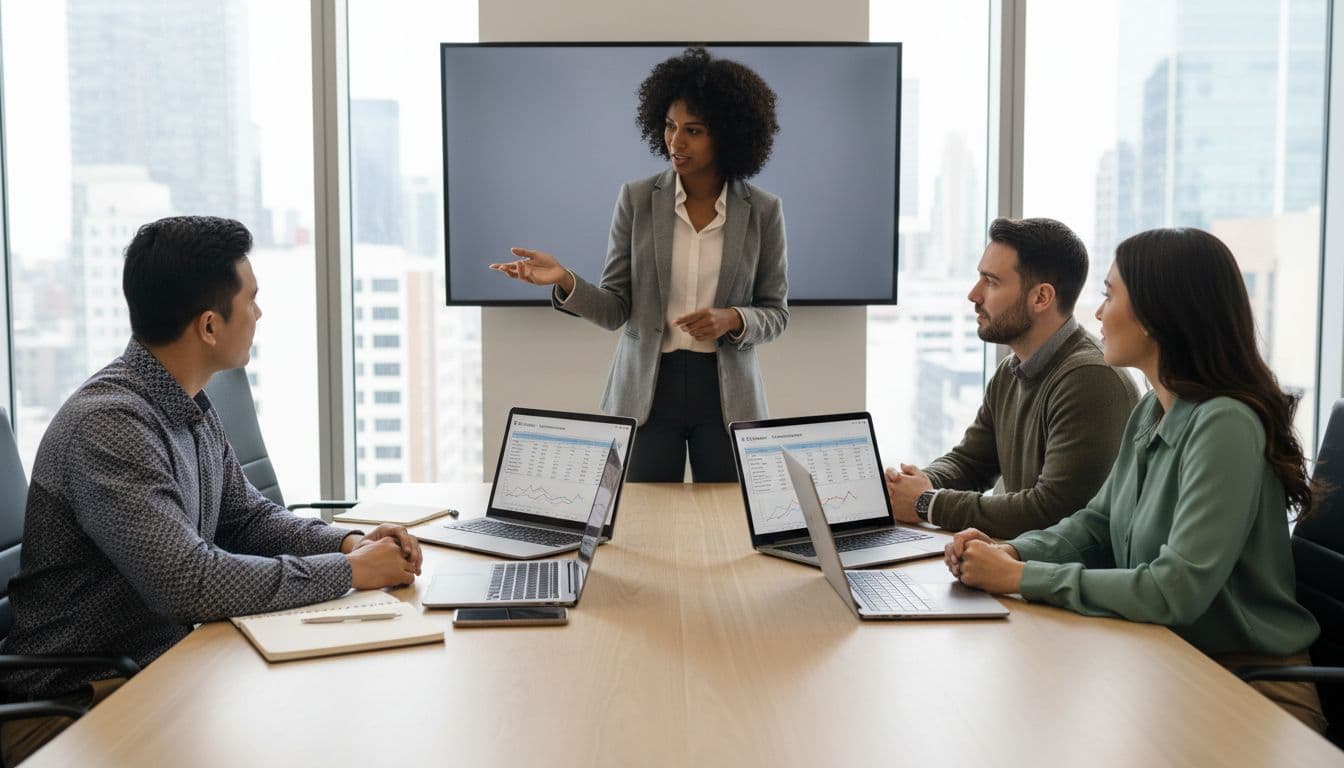 A diverse team of four small business professionals in a modern conference room discusses around a table with laptops showing AI social media tools comparison charts and smartphones, under natural window lighting.