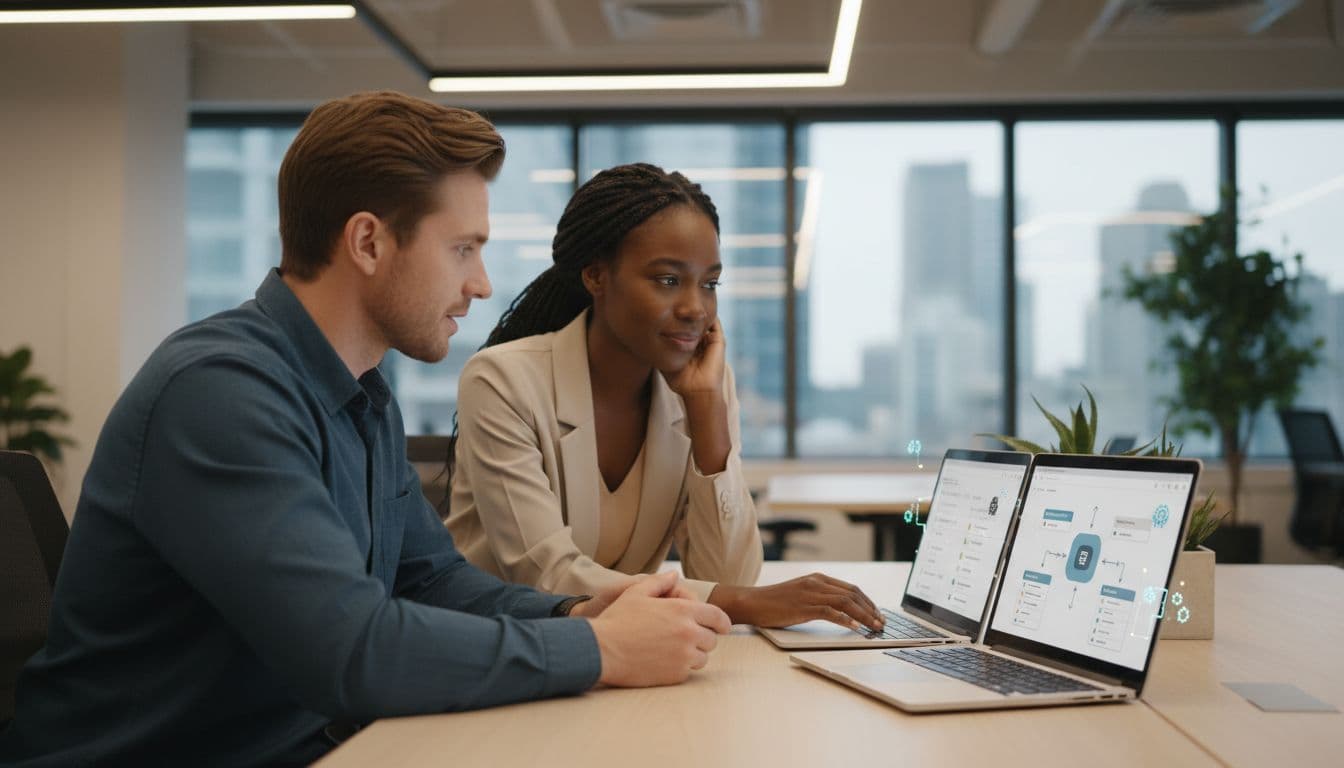 A support manager and agent collaborate over inbox automation and ticket queues at a shared desk with laptops displaying subtle AI-driven workflow visuals like categorized ticket lists. Photo-realistic style in a warm-lit contemporary US office with exactly two people.