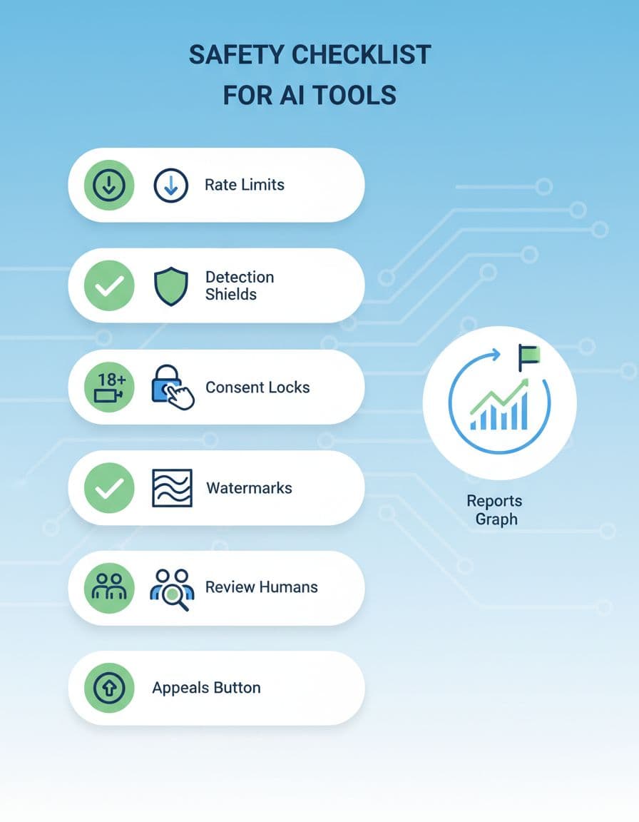 Infographic-style safety checklist for AI tools featuring icons for rate limits, detection shields, consent locks, age gates, watermarks, human reviews, appeals buttons, and reports graphs. Clean modern vector design with green checkmarks on white background, subtle AI circuit patterns, and light blue gradient.