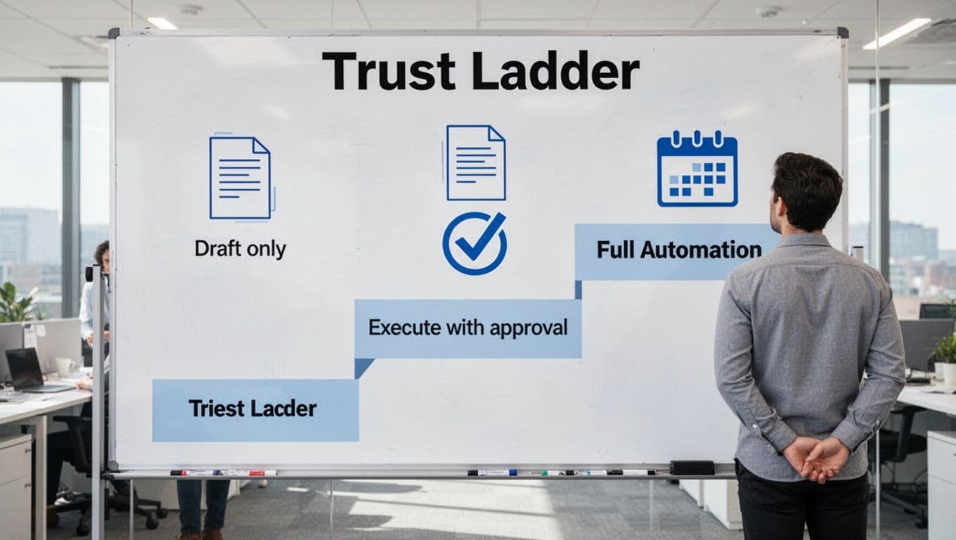 Photorealistic landscape view of a step-by-step trust ladder for AI agents on a whiteboard, featuring three ascending steps: Draft only, Execute with approval, and Full automation, with simple icons in an office setting with one relaxed viewer.