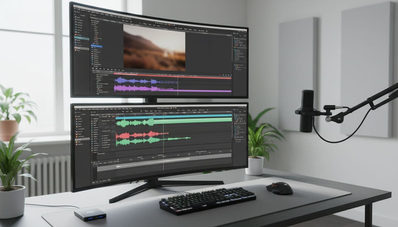 Photo-realistic image of a modern professional desktop in a bright studio, with dual monitors showing video editing timeline overlaid with AI text-to-speech audio waveforms, keyboard, mouse, hard drive, and microphone stand.