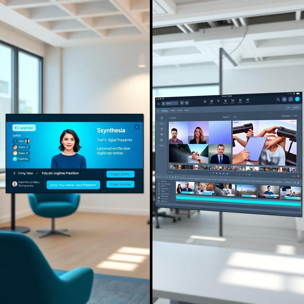Side-by-side comparison of AI video creation workflows: Synthesia avatar studio (left) vs. InVideo editor (right), bright modern office, clean UI, photorealistic. Image created with AI.