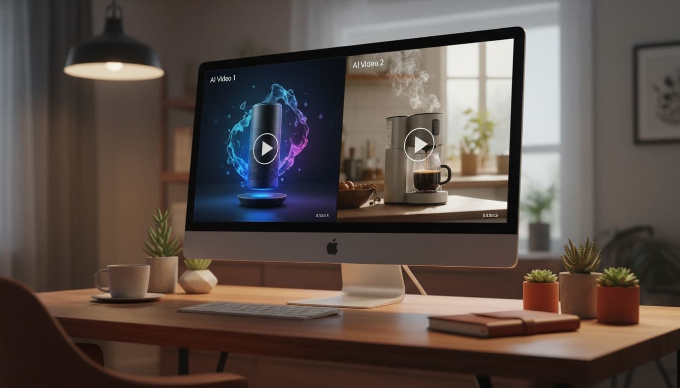 Desktop computer screen displaying side-by-side comparison of two AI-generated product promo videos for Instagram, on wooden desk in cozy home office with soft lighting. Photo-realistic view at slight angle, focus on video thumbnails, no text, UI, people, or borders.