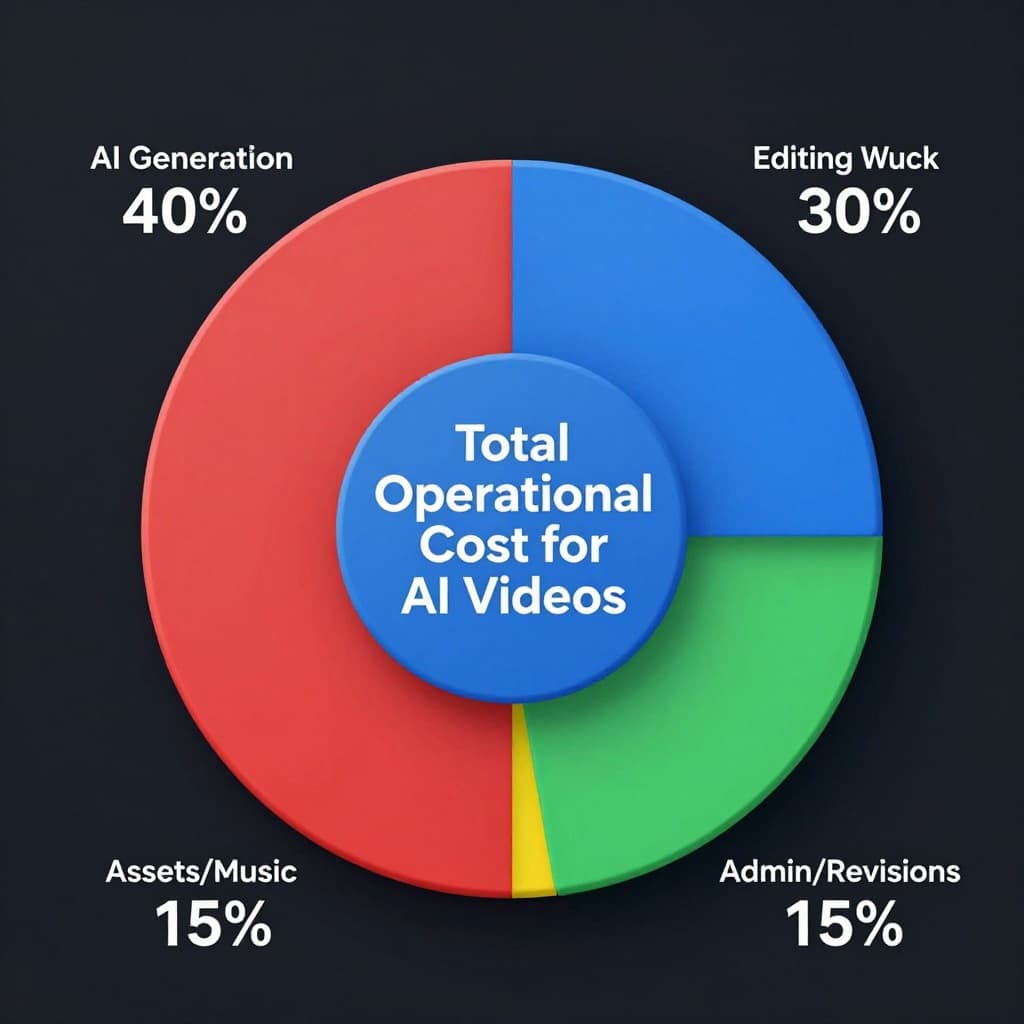 Pie chart visualizing total operational costs for AI videos: AI Generation 40% (red), Editing 30% (blue), Assets/Music 15% (green), Admin/Revisions 15% (yellow). Clean modern 3D design on dark background with data labels and center title.