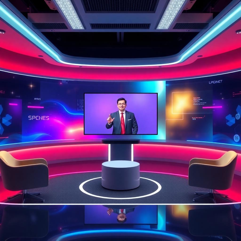 AI avatar video studio showing a lifelike digital presenter delivering a business training presentation in a sleek modern setting, vibrant lighting, holographic effects, photorealistic