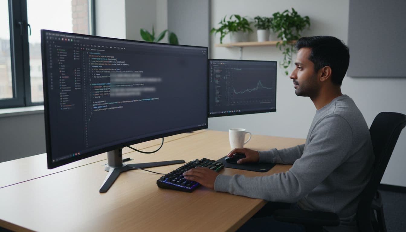 Photo-realistic depiction of a software engineer at a clean desk with dual monitors, VS Code open showing code editor with subtle blurred AI suggestion overlays, keyboard, mouse, coffee mug, and realistic window lighting in a professional US tech office.