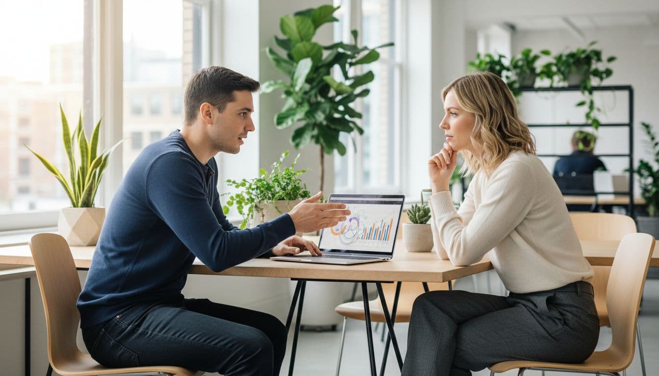 Two B2B professionals in a modern co-working space gesture over a shared laptop displaying prospecting strategy charts, surrounded by plants and natural light, embodying collaborative energy.