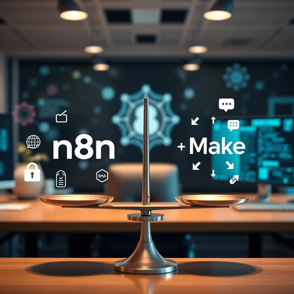 A balanced scale in a tech office comparing n8n for flexibility and security with Make for speed and simplicity.